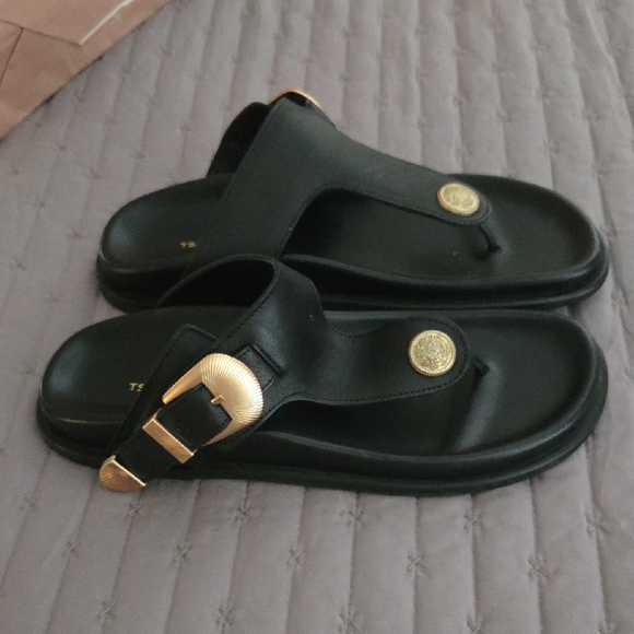 tsakiris mallas Shoes - Chic Black Leather Sandals with Gold Buckle (New)
